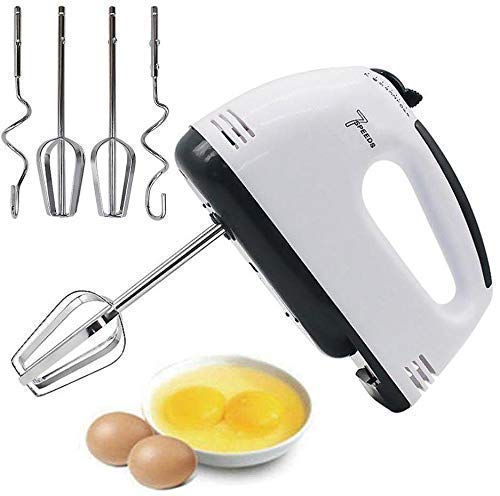 deevudi Electric 7 Speed Hand Mixer with 4 Pieces Stainless Blender, Bitter for Cake/Cream Mix, Food Blender, Beater for Kitchen || Beater for Cake, white, MEDIUM